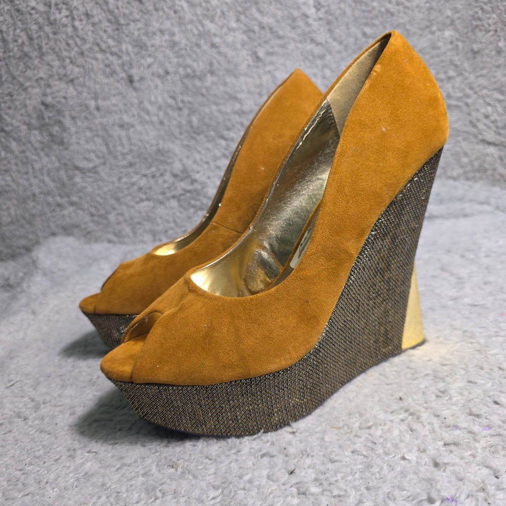 Liliana‎ Wedge Pumps Mustard Gold Heel Ultra High Peep Toe Womens 10